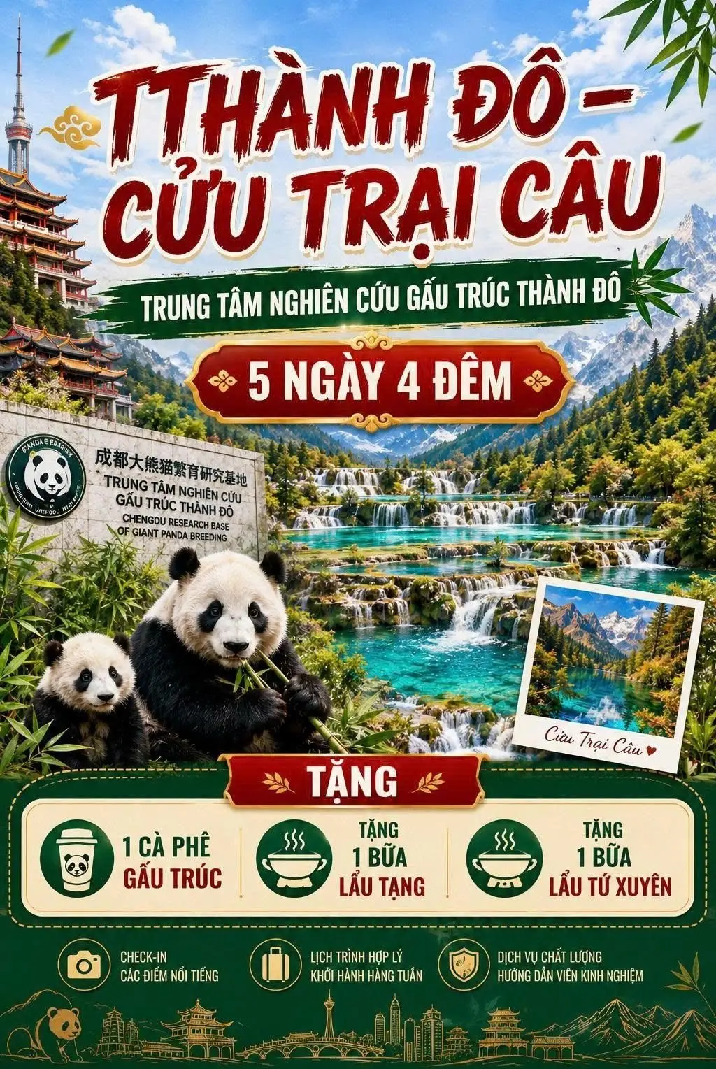 Tour Thành Đô - Cửu Trại Câu - Trung Tâm Nghiên Cứu Gấu Trúc Thành Đô EU 5 ngày 4 đêm — Trung Quốc
