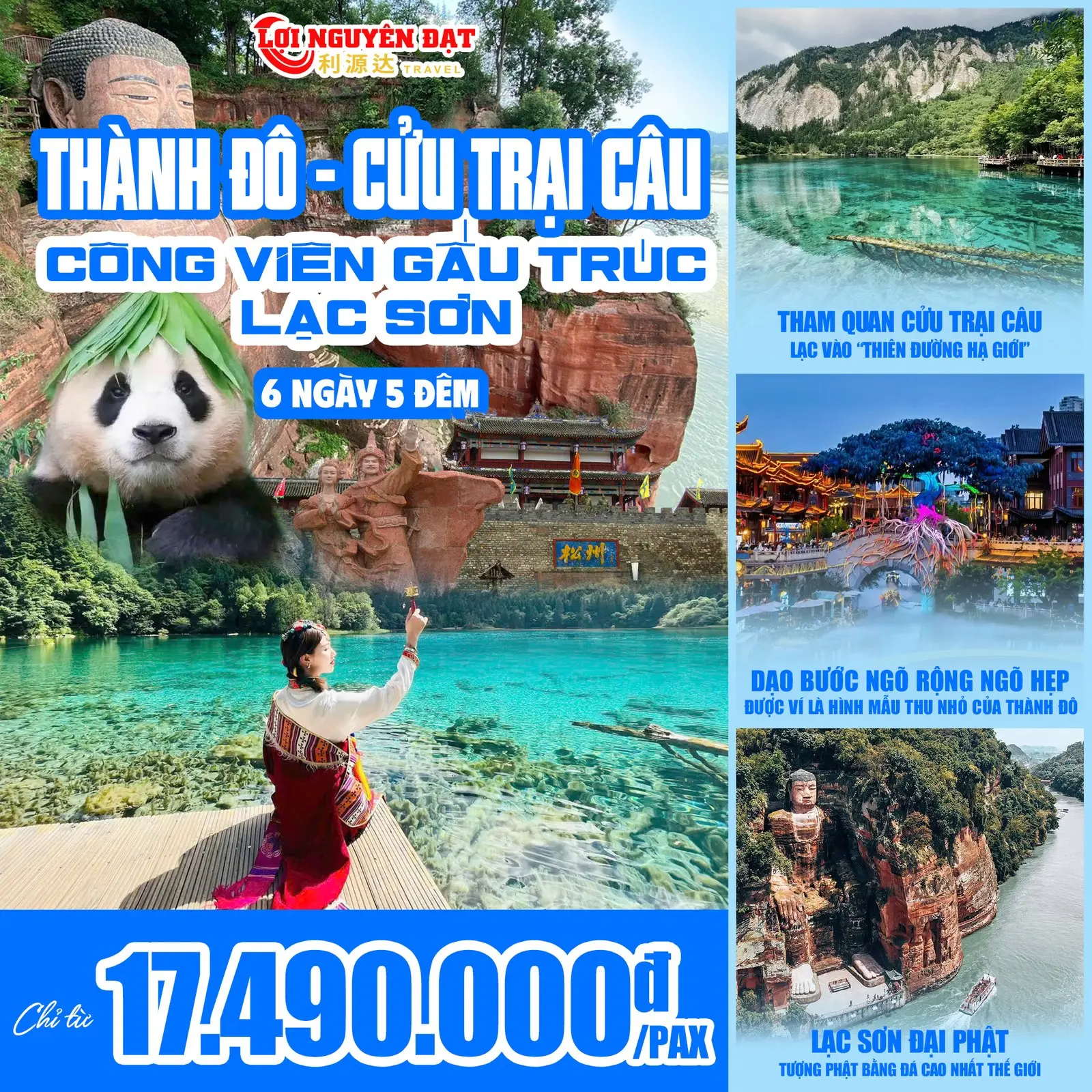 Tour Thành Đô - Cửu Trại Câu - Công Viên Gấu Trúc - Lạc Sơn Đại Phật 6 ngày 5 đêm — Trung Quốc