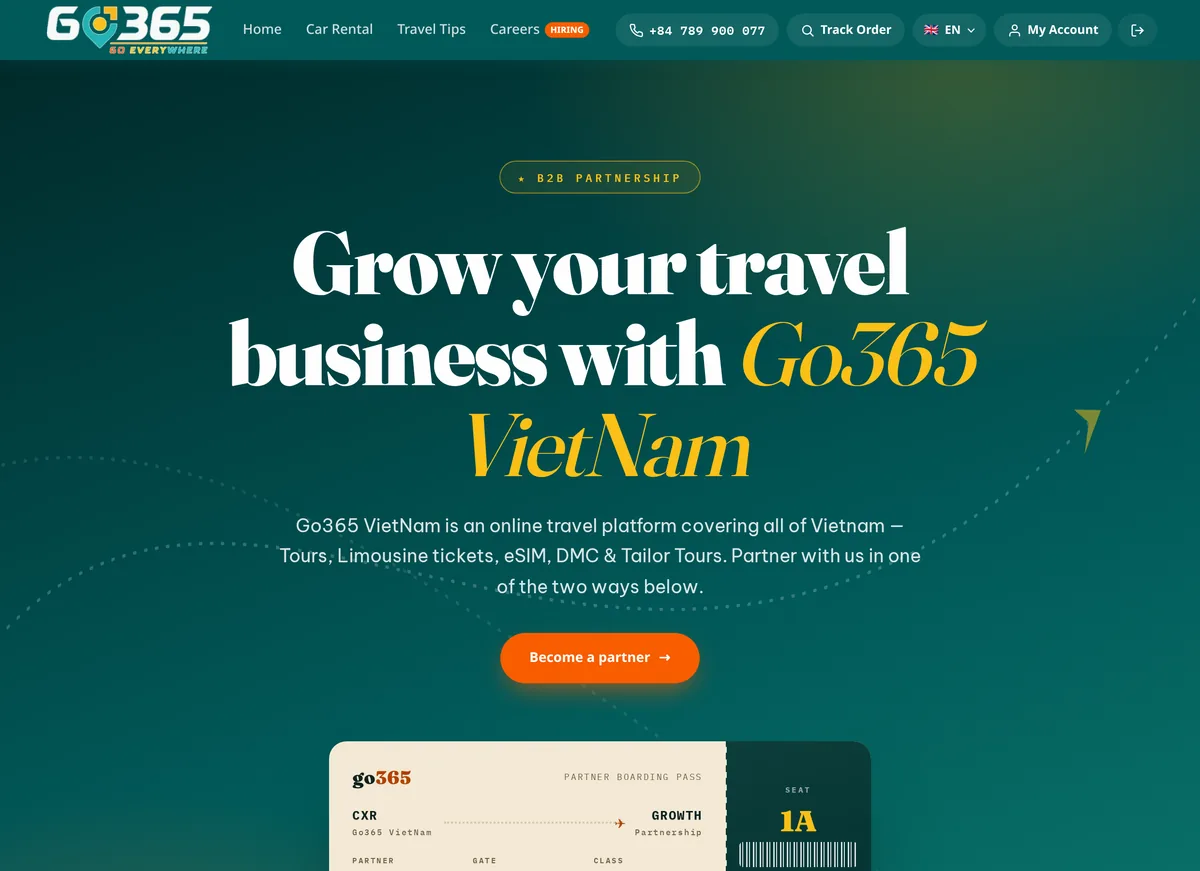The go365.vn/partner page — tap “Register as a partner” and submit your company profile.
