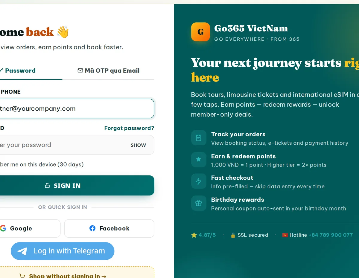 Sign in at go365.vn/login with the company email Go365 issued to you.