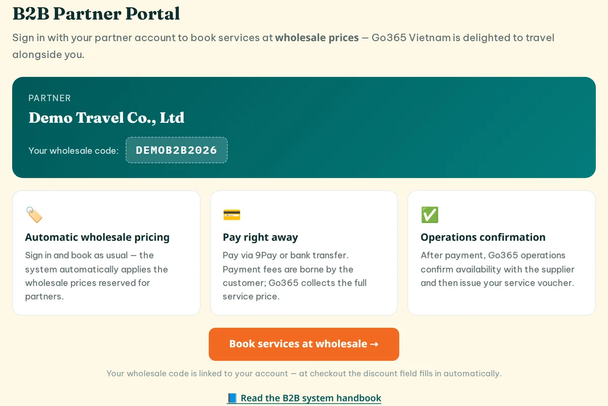 The partner portal shows your company name and the wholesale code tied to the account.