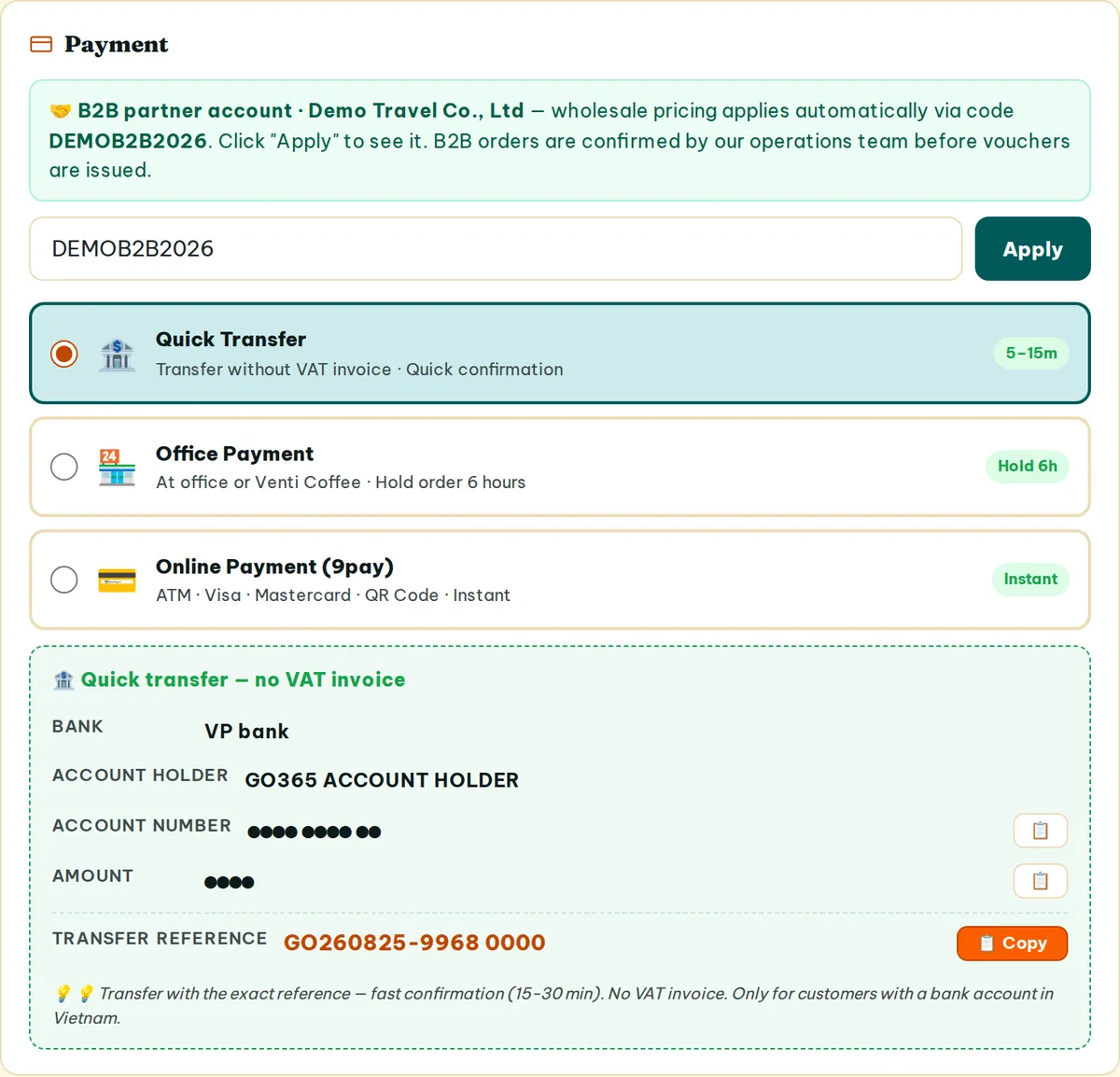 The coupon box is pre-filled with your wholesale code and locked; the three payment methods sit below. Amounts and bank numbers are masked.